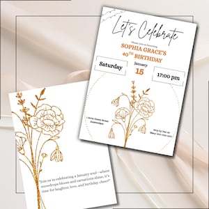 Convite de aniversário de janeiro | Flores de Nascimento Cravo e Campânula Branca | Detalhes em ouro | Modelo Canva A6 | Cartão com poema para impressão | Festa de inverno