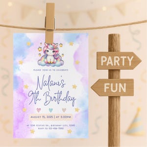 Invitation d'anniversaire Licorne | Canva | Modèle de fête pour fille modifiable | Magique | Carte imprimable 5x7 | Motif nuage rose et violet | 9e anniversaire