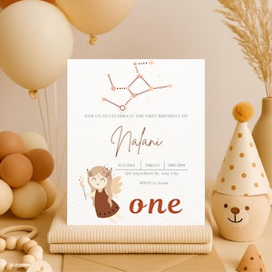 Convite de Primeiro Aniversário de Virgem | Modelo Editável Canva 12,7 cm x 18,7 cm | Download Digital | Cartão de Aniversário Personalizado com o Signo do Zodíaco | Nome e Detalhes Personalizados