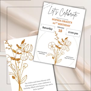 Convite de aniversário de fevereiro | Flores de nascimento de violeta e íris | Botânico | Ouro | Modelo editável A6 Canva | Poema de convite floral para impressão