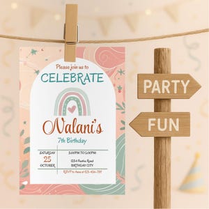 Modello modificabile per invito di compleanno arcobaleno su Canva | Invito stampabile 5x7 | Biglietto moderno per feste per bambini | Design di compleanno in stile boho | Celebrazione