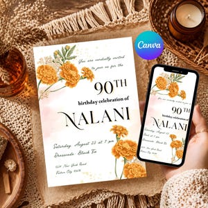 Op de afbeelding: Een rechthoekige verjaardagsuitnodigingskaart met oranje goudsbloemillustraties en zwarte tekst die luidt: 90TH birthday celebration of NALANI, Saturday, August 23 at 7 pm, Dresscode Black Tie, 1234 New York Road, Festive City 45678.