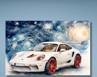 Porsche GT3 RS Watercolor Art, Van Gogh Starry Night Inspired Painting, Sports Car Wall Decor, Luxury Auto Art Print for Car Lovers