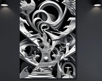 AI Escher Style Infinite Staircase Art Print – Surreal Optical Illusion, Black and White Impossible Architecture, Digital Wall Decor