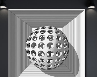 Escher style,Surreal Geometric Sphere Wall Art,Black and White Optical Illusion Print,Modern Abstract Escher Inspired 3D Cube Room Décor"