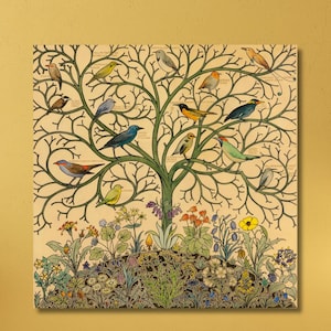 Floral Tree of Life Wall Art,Vibrant Bird and Nature Painting on Canvas,Boho Botanical Decor for Nature Lovers,Traditional Indian Folk Style