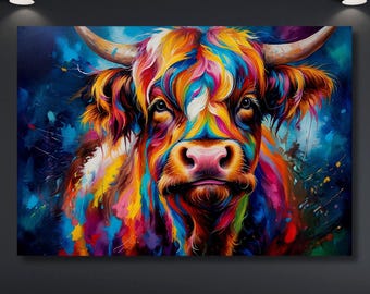 Tela colorata raffigurante una mucca delle Highlands: decorazione murale moderna in stile fattoria