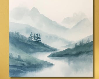Misty Mountain River Canvas Print: Minimalist Nature Art