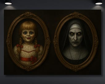 Annabelle - Valak Horror Art Print | The Conjuring Universe Wall Decor | Creepy Haunted Doll & Demon Nun Painting | Gothic Halloween Gift