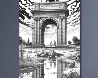May include: Black and white artwork of an archway reflected in water. The artwork features the text "THLASEVOHIDE" above the arch. The scene includes figures, rocks, and a cloudy sky, creating a dramatic landscape.