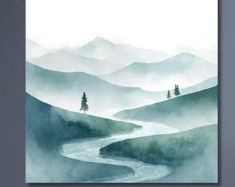 Misty Mountain River Canvas Print: Minimalist Nature Art