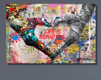 Colorful Street Art Poster, Life is Beautiful Wall Decor, Modern Pop Art Print, Urban Graffiti Artwork for Home and Office Decoration