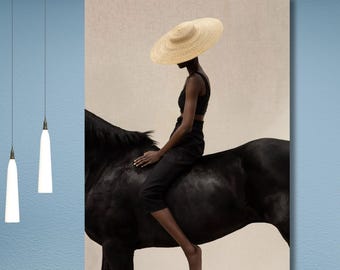African Woman on Horse Canvas Print: Minimalist Boho Wall Art