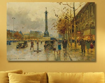Edouard Cortes “Place de la Bastille, Paris” Impressionist Cityscape Painting, Vintage Paris Street Scene Wall Art Print
