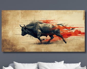 Aufladender Stier Digitaler Kunstdruck, abstraktes Stier-Wanddekor, modernes Tierkunstwerk, starke Stierillustration für Haus oder Büro, sofortig