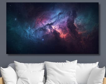 Arte de parede com nebulosa cósmica | Impressão digital de galáxia espacial | Arte com nuvens roxas, azuis e vermelhas | Decoração abstrata do universo | Presente de ficção científica para casa