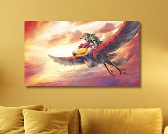 Lámina artística de The Legend of Zelda Skyward Sword, cuadro de Link y Loftwing, póster de juego de fantasía, arte mural de Nintendo