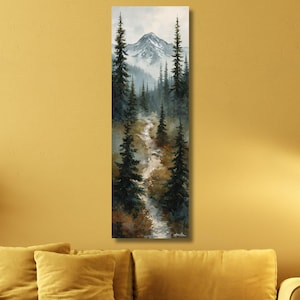 May include: Vertical landscape painting of a mountain scene. A winding path leads through a forest of tall, dark green pine trees towards a snow-capped mountain. The sky is a soft, muted gray, and the overall color palette is cool and natural.