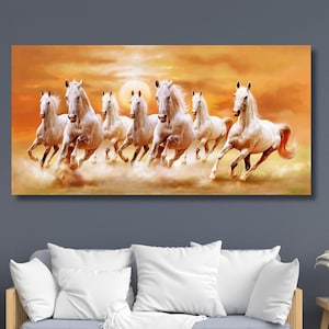Seven White Running Horses Canvas Print - Animals Wall Art