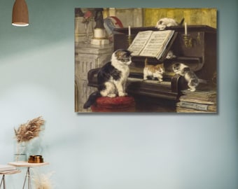 May include: A framed canvas print of a vintage painting depicting a piano scene with cats. A large cat sits on a red cushion, while several kittens explore the piano. The artwork features a warm color palette and detailed brushstrokes, creating a charming and nostalgic feel.