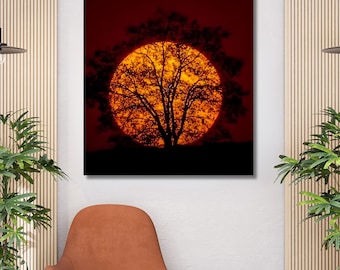 Impresión fotográfica de silueta de árbol al atardecer, arte de pared con cielo naranja, foto de paisaje natural dramático, decoración minimalista para el hogar con atardecer, arte de la hora dorada