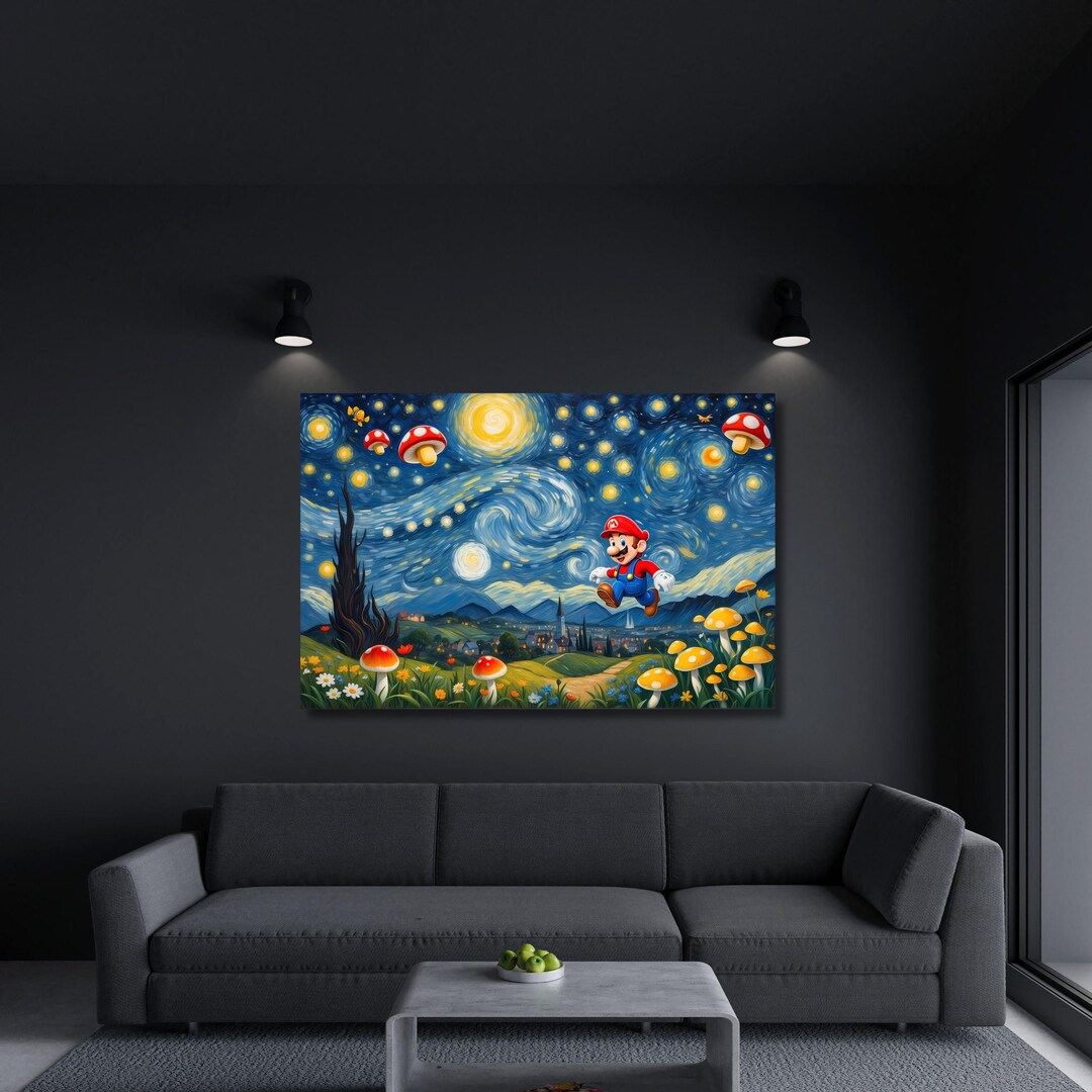 Super Mario Starry Night Art Print, Van Gogh Inspired Mashup
