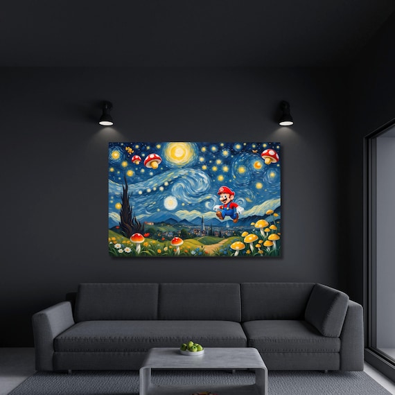 Super Mario Starry Night Art Print, Van Gogh Inspired Mashup