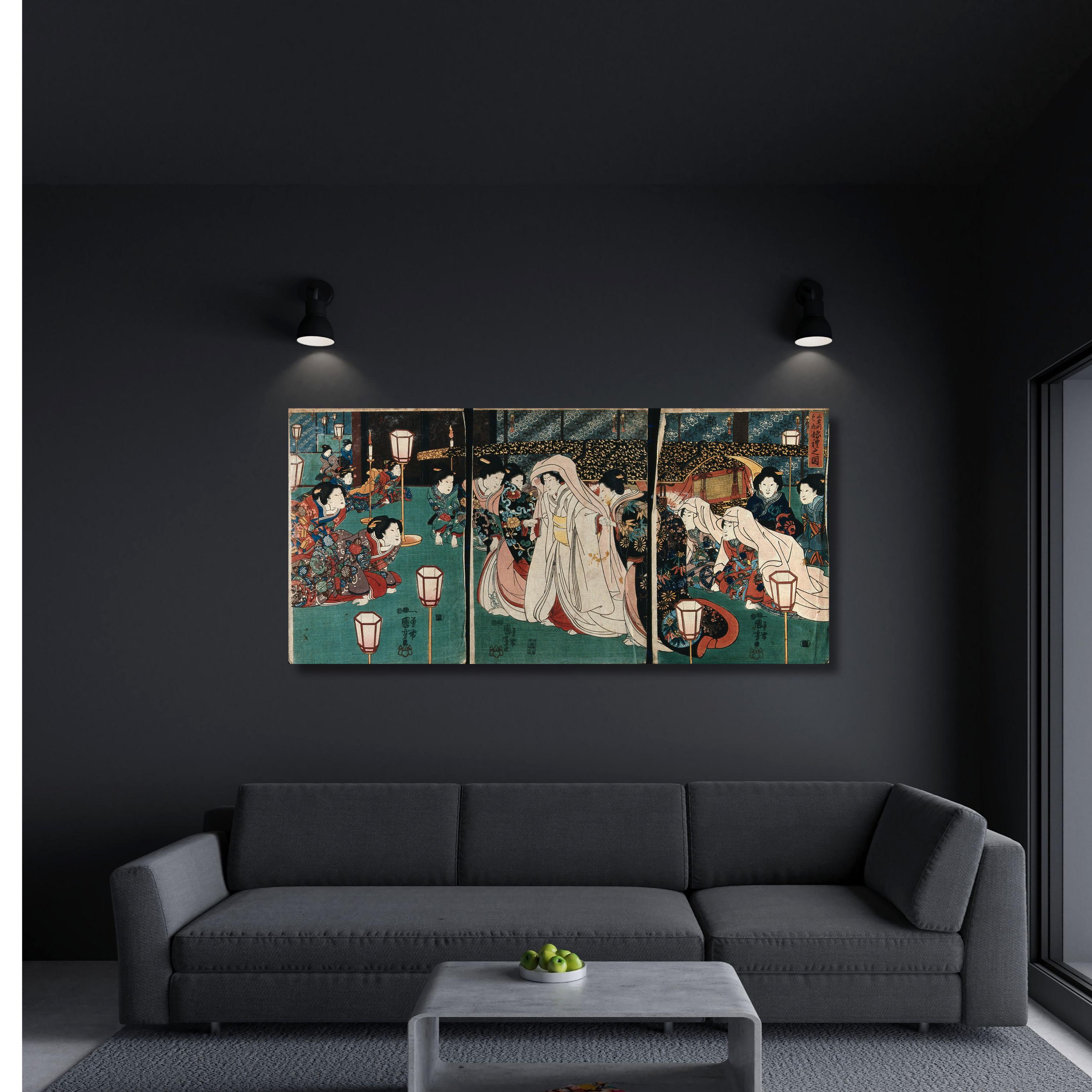 歌川国芳「結婚式」木版画三連祭壇画、江戸時代の浮世絵、伝統的な着物
