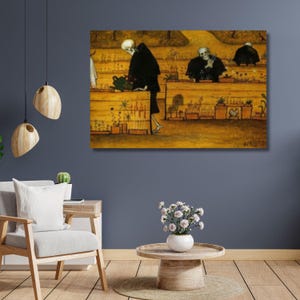May include: A framed painting depicts three skeletal figures in a garden setting. The figures are dressed in black robes, and the artwork has a muted color palette of yellows, browns, and blacks. The painting is displayed on a dark blue wall.