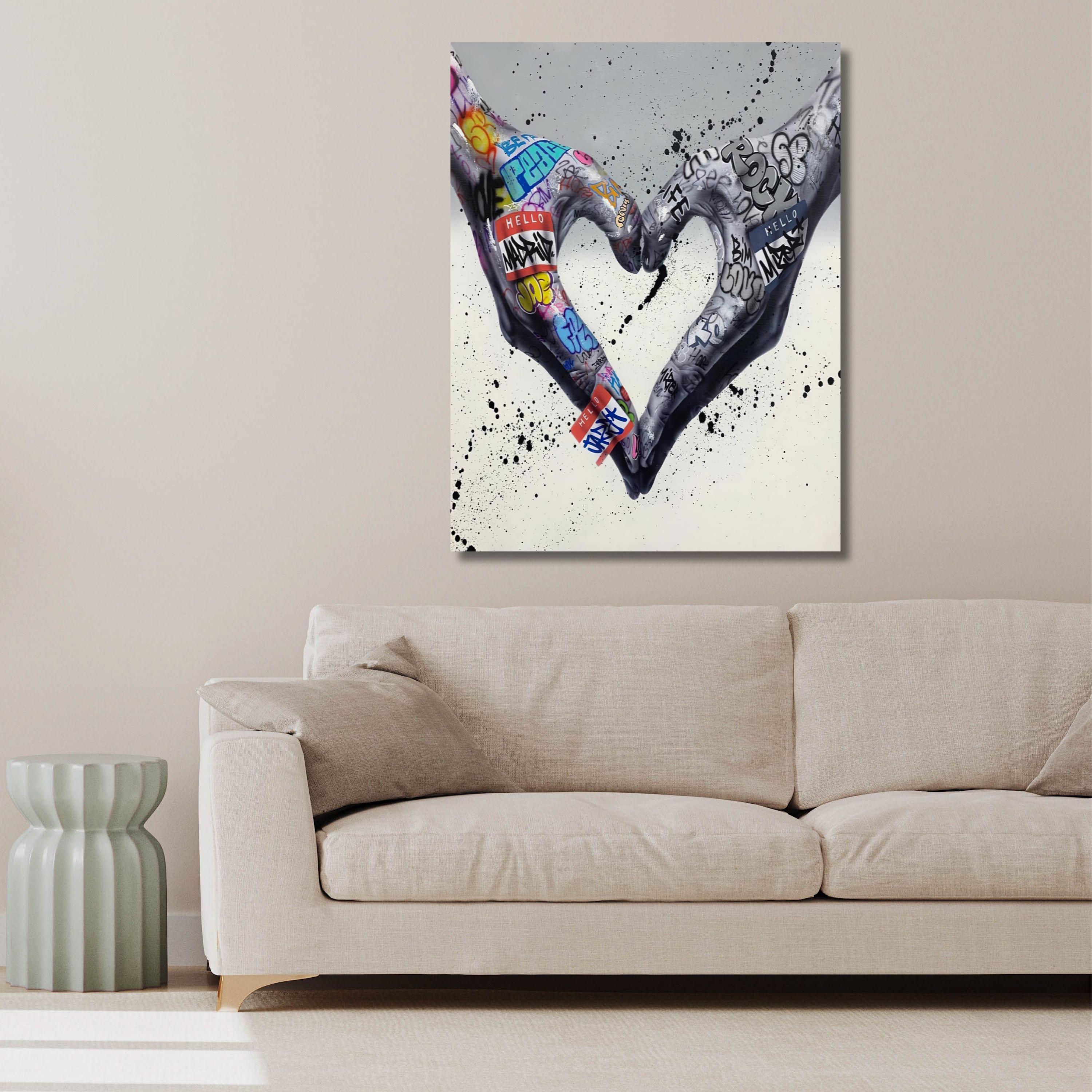 Graffiti Heart Hands Wall Art, Modern Street Art Canvas, Colorful