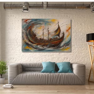 May include: An abstract painting of a ship at sea, rendered in a swirling mix of blues, yellows, and oranges. The ship is brown with a black sail, set against a white brick wall.