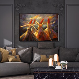 May include: An oil painting depicts whirling dervishes in traditional attire, with flowing skirts and tall, red hats. The artwork, with warm tones, hangs above a gray sofa with gold and gray pillows. A black marble coffee table and decorative vases complete the scene.