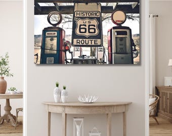 Gas Station Print ,Vintage Route 66 Canvas Wall Art,Retro Gas Pump Poster,Historic Roadside Decor | Modish Office Gift,Man Cave Wall Artwork