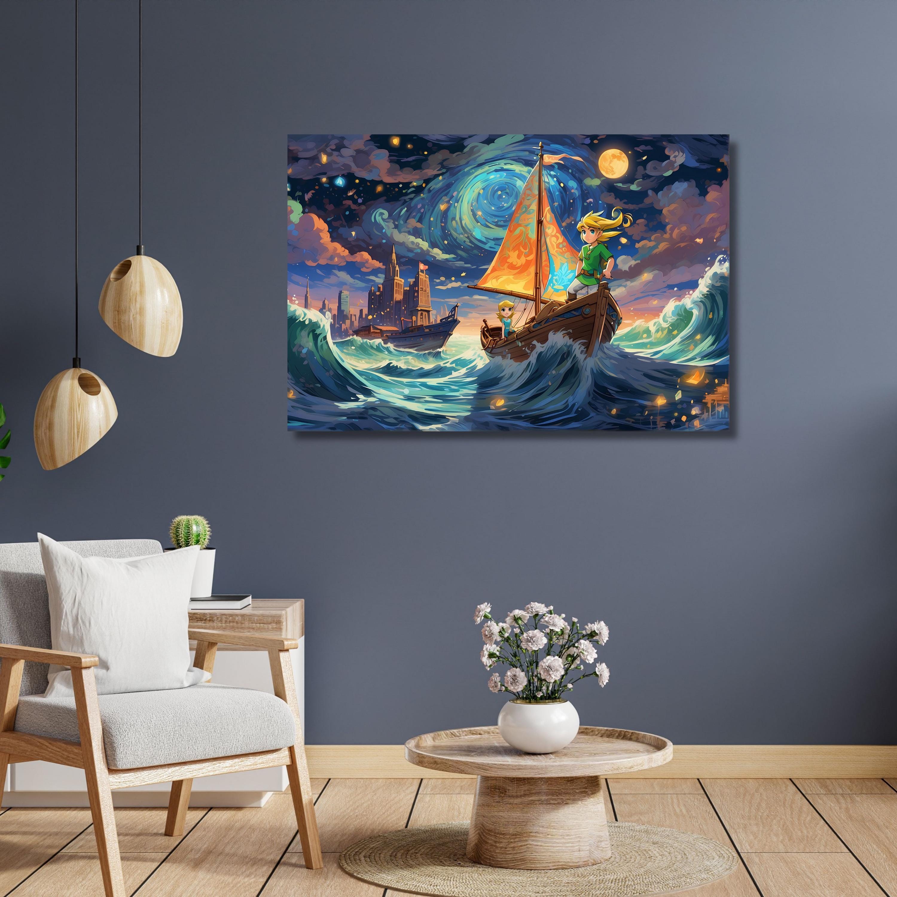 絵画 Zeldam SR2000 #001 Zelda the Wind Waker Fan Art, Link on Sailboat Painting, Van Gogh