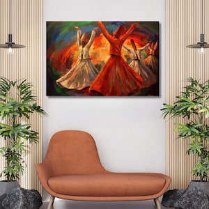 May include: An abstract painting depicts whirling dervishes in vibrant colors. The figures wear white and red robes, with arms outstretched. The background features swirling hues of orange, red, blue, and green, creating a dynamic and spiritual scene. The artwork is displayed on a wall.