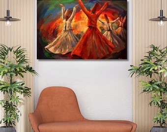 Islamic Dervish Canvas Wall Art,Islamic Wall Art Decor,Mosque Wall Decor,Whirling Dervish Oil Painting Art Print,Extra Large Canvas Wall Art