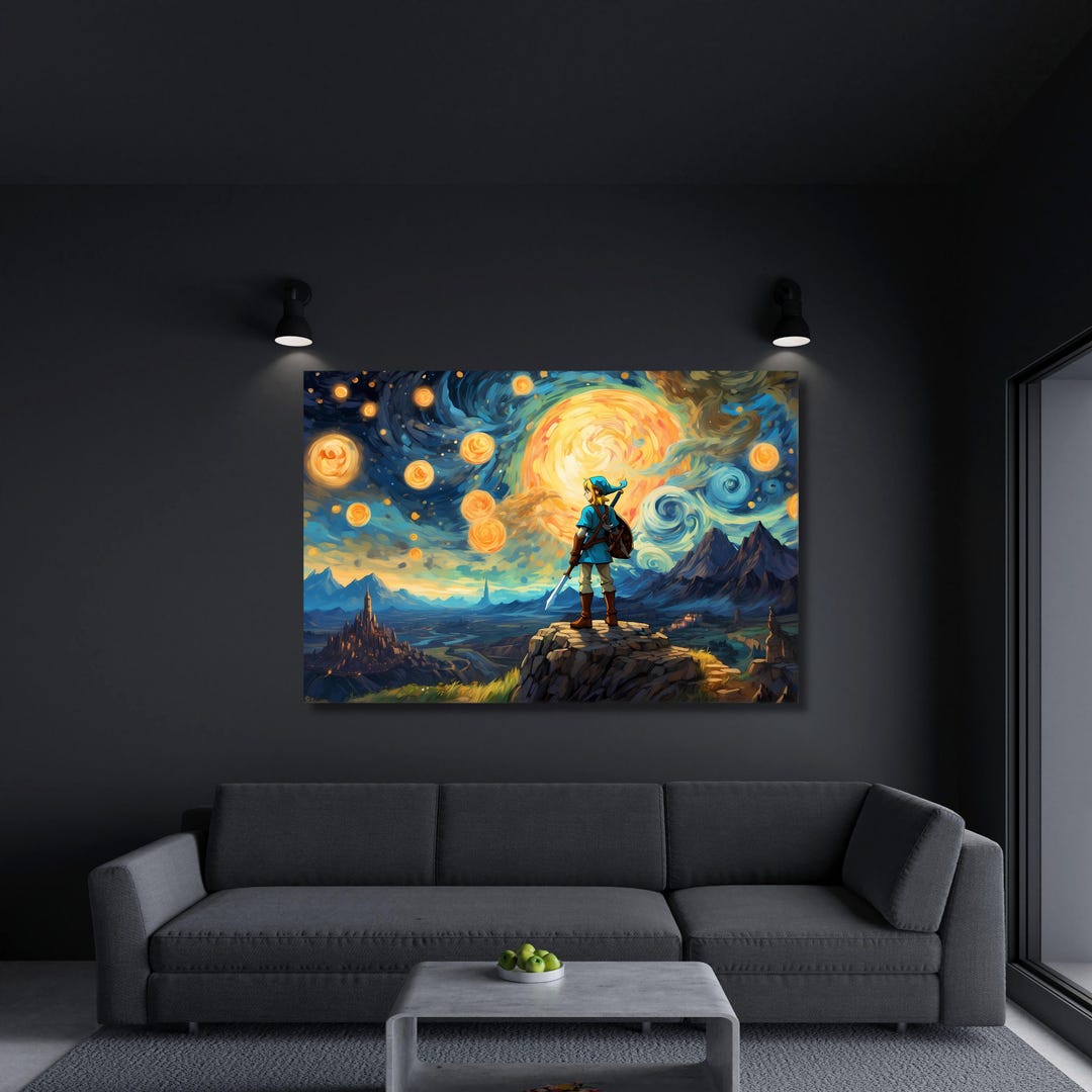 Zelda Inspired Wall Art, Van Gogh Starry Sky Print, Link Painting