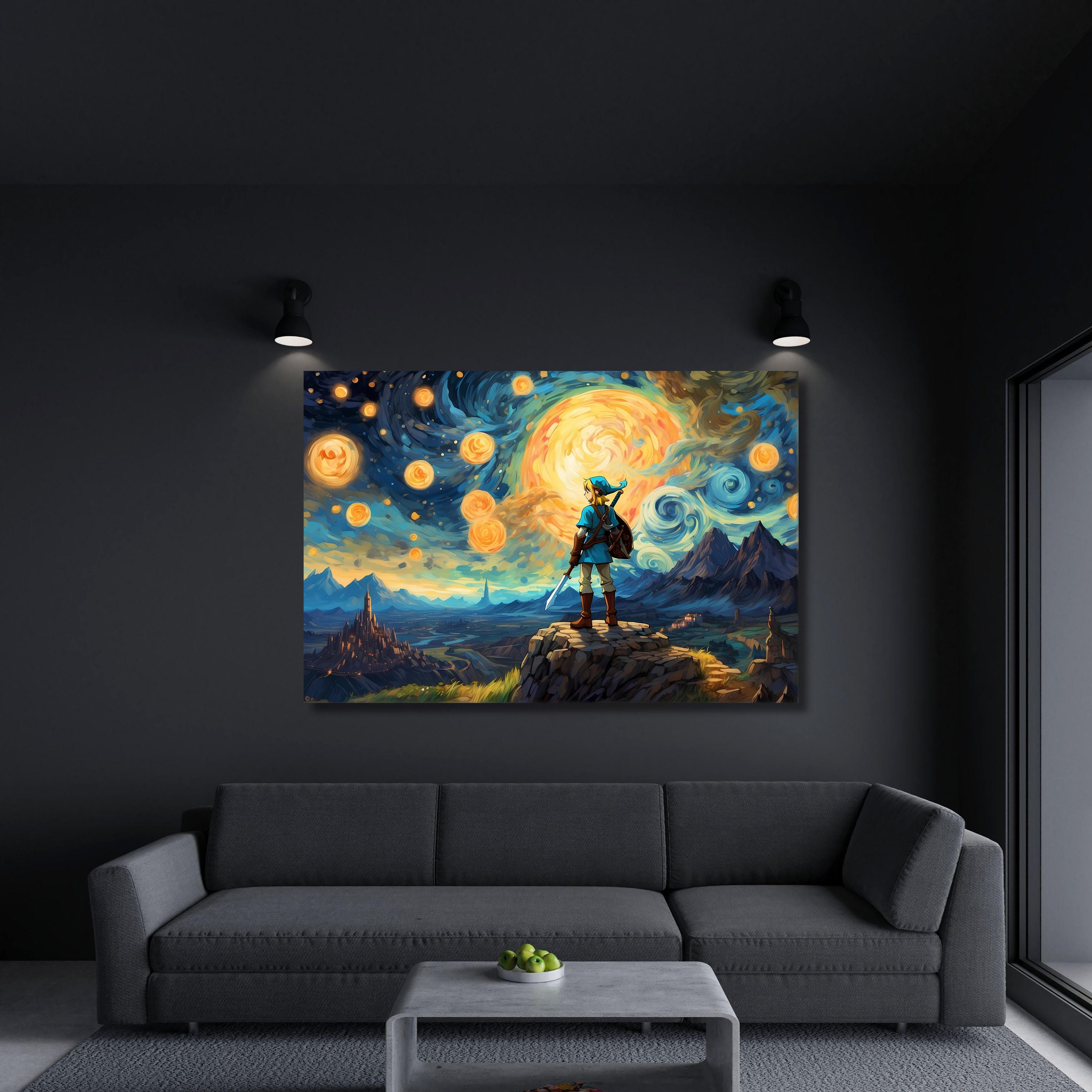 Zelda Inspired Wall Art, Van Gogh Starry Sky Print, Link Painting