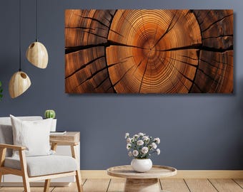 Tree Ring Canvas Wall Art, Rustic Wood Texture Print, Nature Inspired Abstract Artwork, Modern Cabin Decor, Extra Large Wall Art Gift