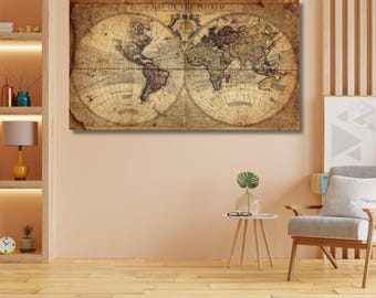 Impresión de mapa antiguo del mundo vintage / Póster de mapa del mundo clásico, decoración de pared para oficina y biblioteca, arte educativo para guardería, regalo único para inauguración de la casa.