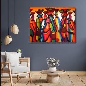 Arte em tela com dança tribal africana, pôster de parede com garotas africanas, decoração para casa inspirada na cultura africana, obra de arte étnica em tela.