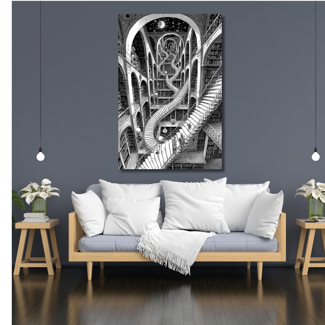 MC Escher Inspired Surreal Library Art Print, Black and White Infinite ...
