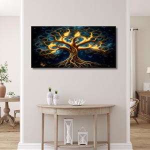 May include: A canvas print depicting a stylized tree with glowing golden branches and a dark blue background. The tree's trunk and roots are brown, and butterflies are scattered around the tree. The artwork is displayed on a white wall.