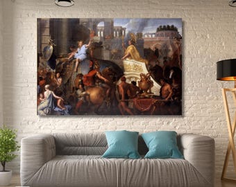 May include: A large, framed canvas print of a classical painting depicting a historical scene with numerous figures, horses, and architectural elements. The artwork features a rich color palette with prominent reds, golds, and blues, creating a dramatic and detailed composition.
