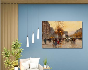 Édouard Léon Cortès “Place de la Bastille” Paris street scene oil painting, romantic impressionist cityscape with lights and vintage charm