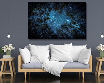Starry Night Forest Photography, Milky Way Landscape Print, Astrophotography Wall Art, Pine Tree Silhouettes, Nature Night Sky Poster