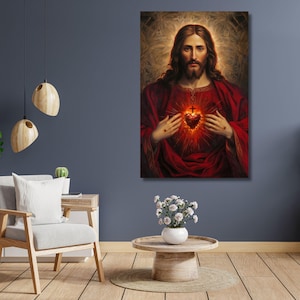 Holy Jesus Christ Sacred Heart Religious Canvas Wall Art Canvas Heart Jesus Print, Jesus Art Poster,Jesus Divine Decor Wall Art Christ gift