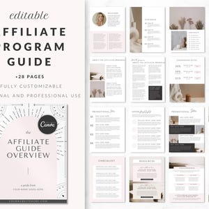 Può includere: Una guida di 28 pagine per un programma di affiliazione. La guida ha uno schema di colori rosa e bianco con un design geometrico sulla copertina. Il testo della copertina recita "The Affiliate Guide Overview".