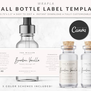 May include: A printable label template for small bottles of massage oil. The label features a pink background with black text that reads "The Willow Organics Bourbon Vanilla Luxury Massage Oil". The label is 3.75 inches by 1.5 inches and is easy to edit in Canva.