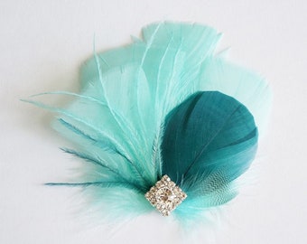 Aqua Teal Feather Hair Clip | Mint Peacock Green Ostrich | Great Gatsby Hairpiece | 20s Wedding Comb | Bride Fascinator | Prom Wrist Corsage